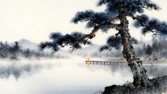 Pine Over Mist — Japanese aesthetic 4K wallpaper