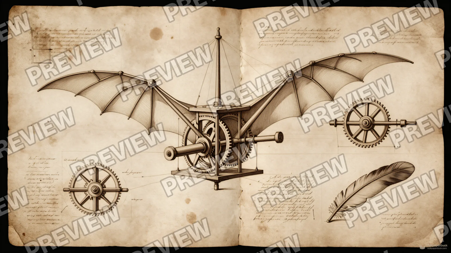 Inventor's Aeronautics Notebook — Renaissance technical drawing 4K wallpaper