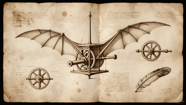 Inventor's Aeronautics Notebook — Renaissance technical drawing 4K wallpaper