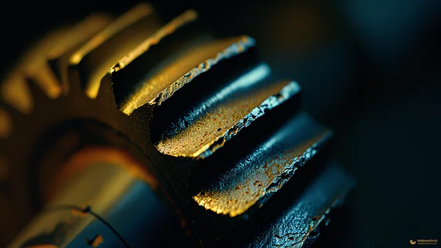 Worn Brass Interlock — Macro mechanics 4K wallpaper