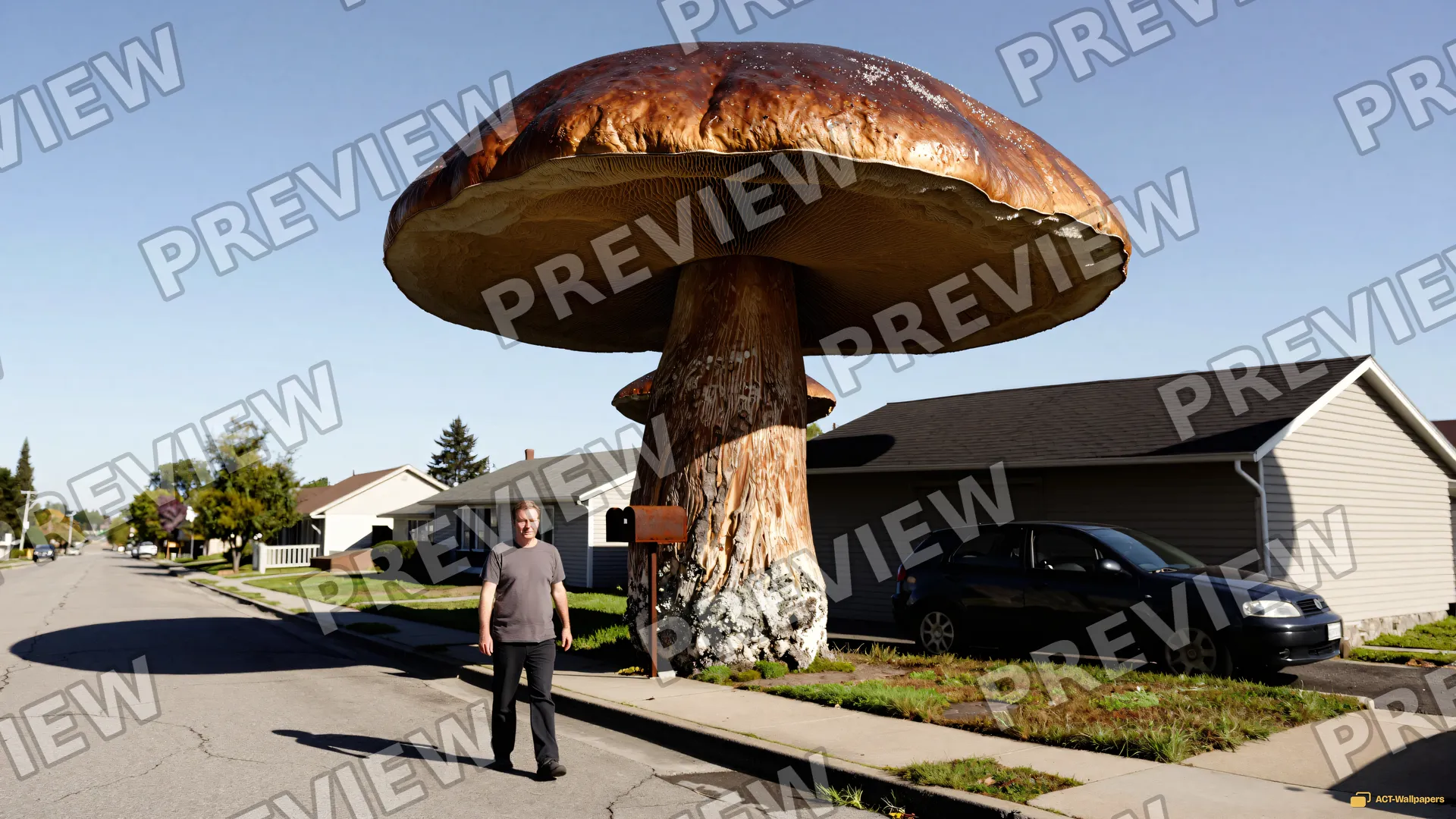 Colossal Porcini Suburbia — Giant mushroom forest 4K wallpaper