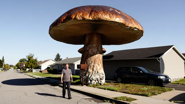 Colossal Porcini Suburbia — Giant mushroom forest 4K wallpaper