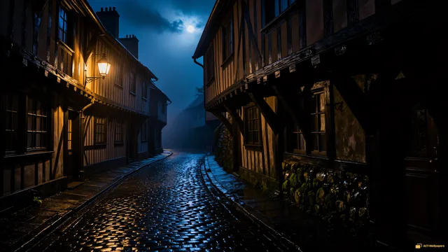 Rain-Slicked Medieval Lane — Medieval fantasy 4K wallpaper