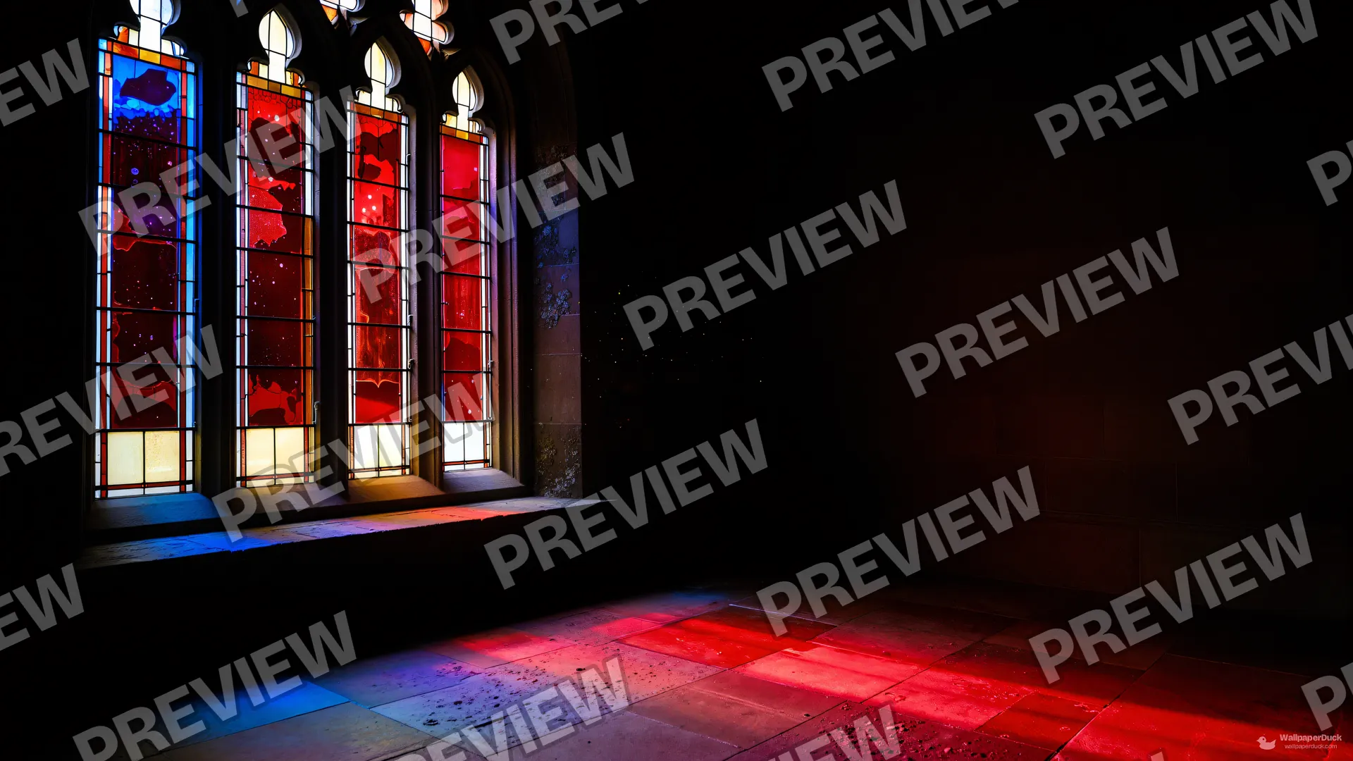 Cathedral Light Pools — Stained-glass light 4K wallpaper