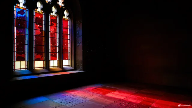 Cathedral Light Pools — Stained-glass light 4K wallpaper