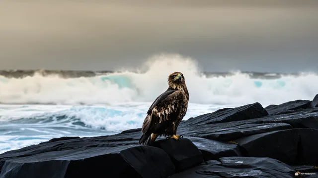 Eagle on Basalt — Sea eagle on the shore 4K wallpaper