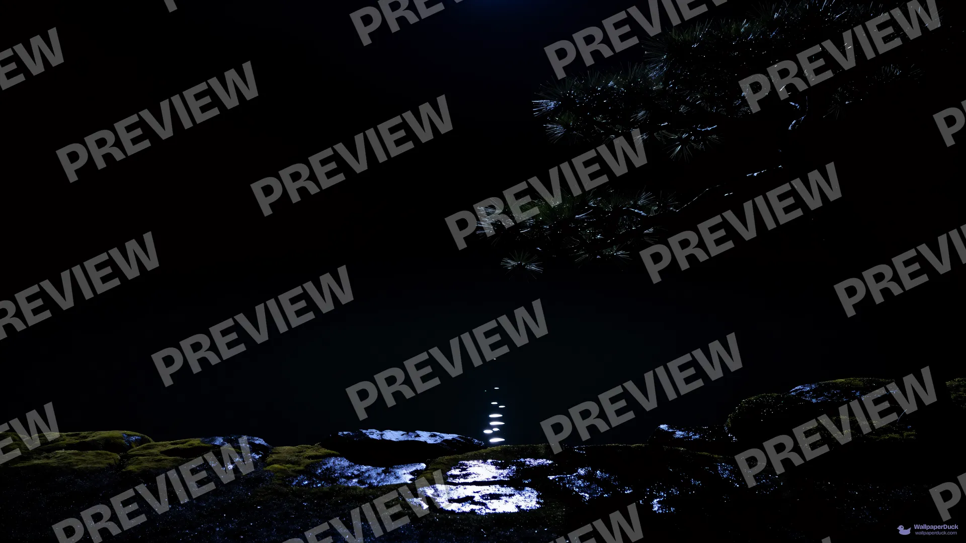 Midnight Pine Reflection — Japanese aesthetic 4K wallpaper