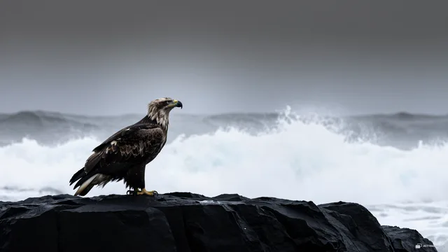 Eagle on the Basalt Edge — Sea eagle on the shore 4K wallpaper