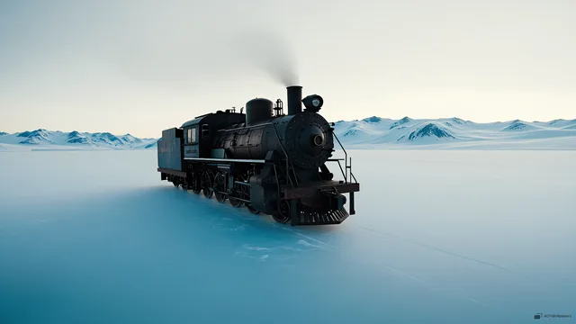 Glacial Iron Rest — Train on the glacier 4K wallpaper