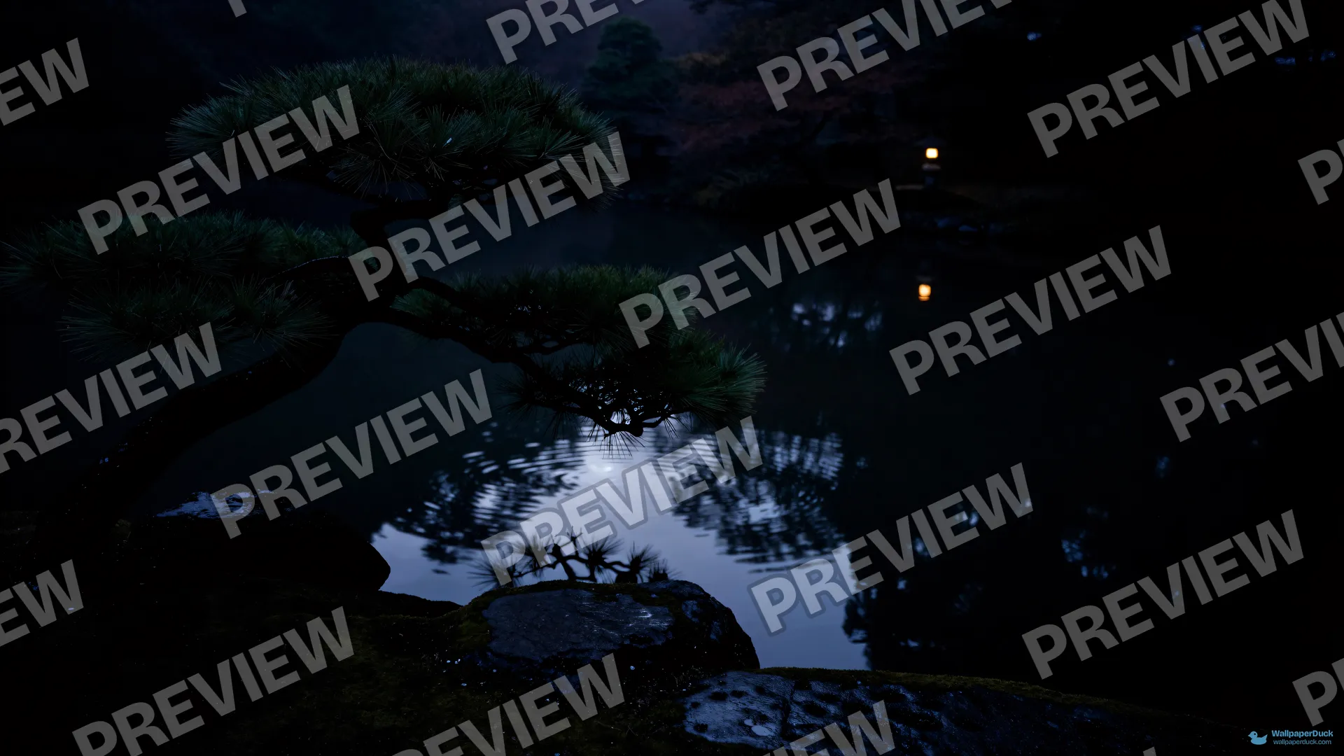 Midnight Pine Reflection — Japanese aesthetic 4K wallpaper