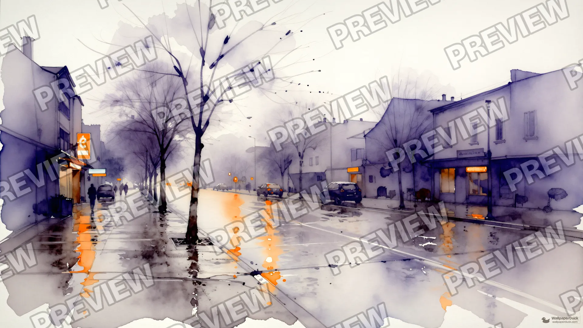 Rainy Boulevard Wash — Watercolour & impressionism 4K wallpaper