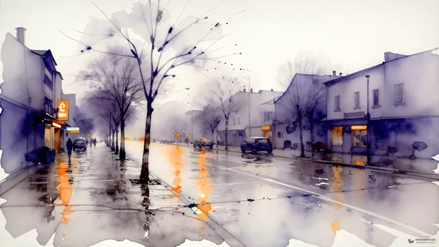 Rainy Boulevard Wash — Watercolour & impressionism 4K wallpaper