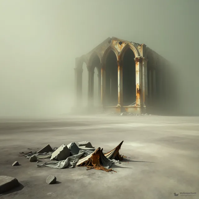 Skeletal Cathedral Ash — Dystopian dream 4K wallpaper