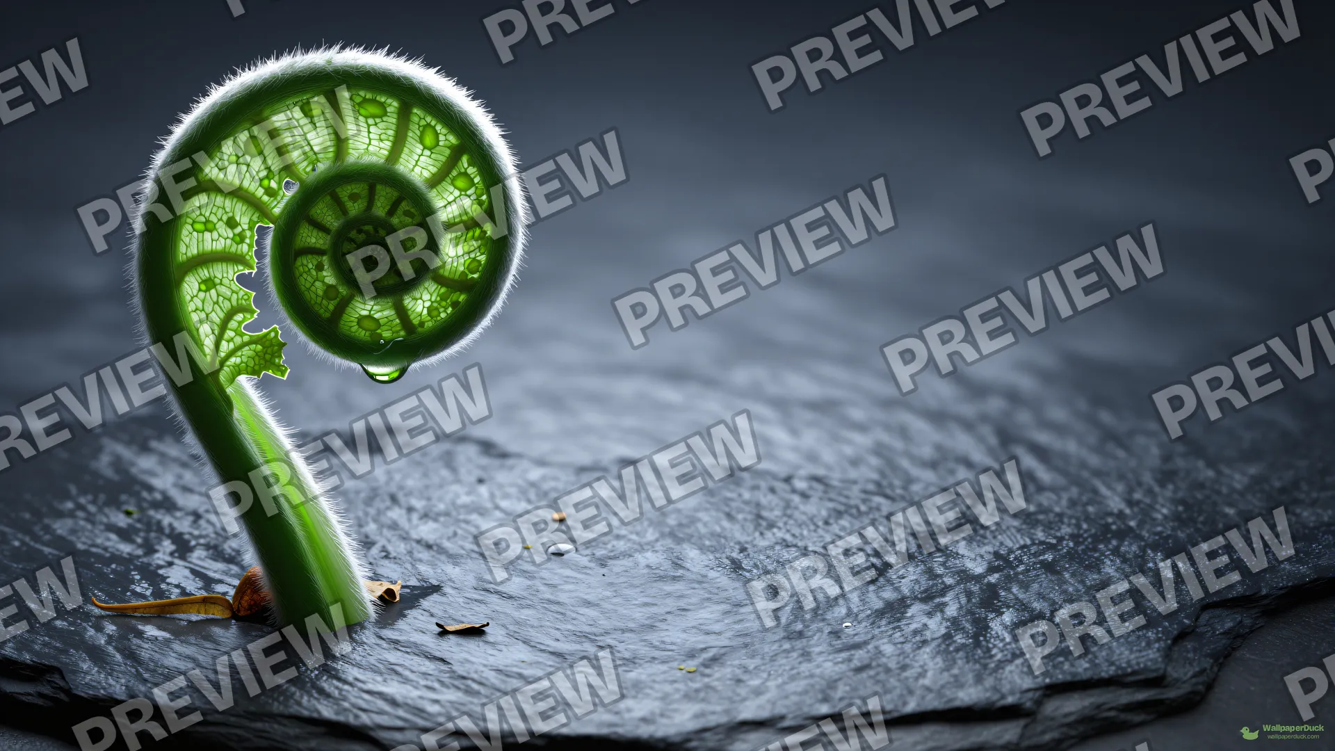 Emerald Fiddlehead Macro — Botanical macro 4K wallpaper
