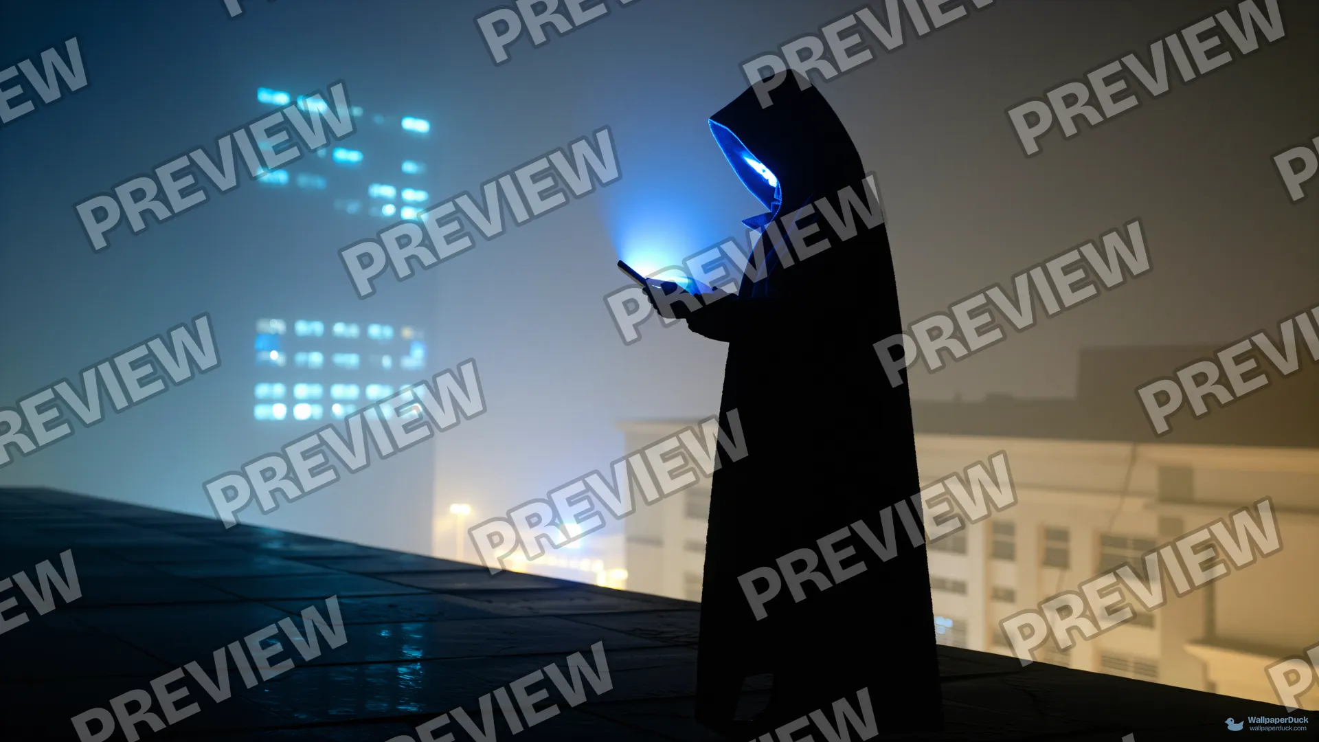 Rooftop Tablet Silhouette — Cyberpunk city 4K wallpaper
