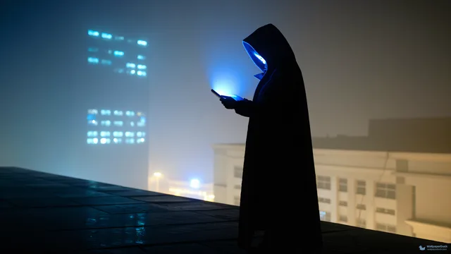 Rooftop Tablet Silhouette — Cyberpunk city 4K wallpaper