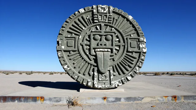Aztec Sun Stone on Brutalist Concrete — Aztek gunes tasi 4K wallpaper