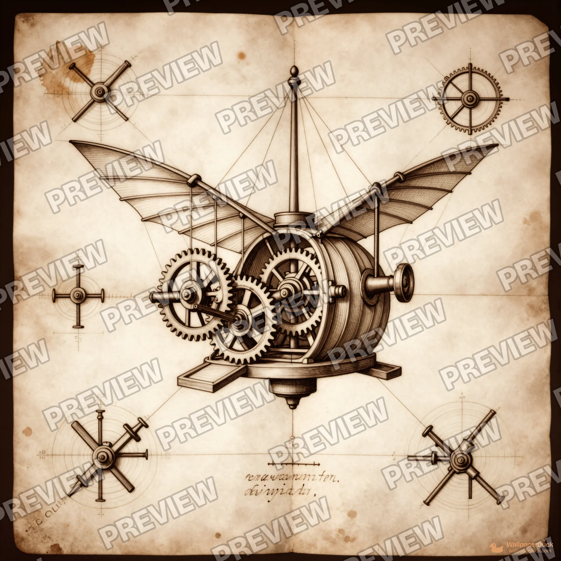 Inventor's Parchment Study — Renaissance technical drawing 4K wallpaper