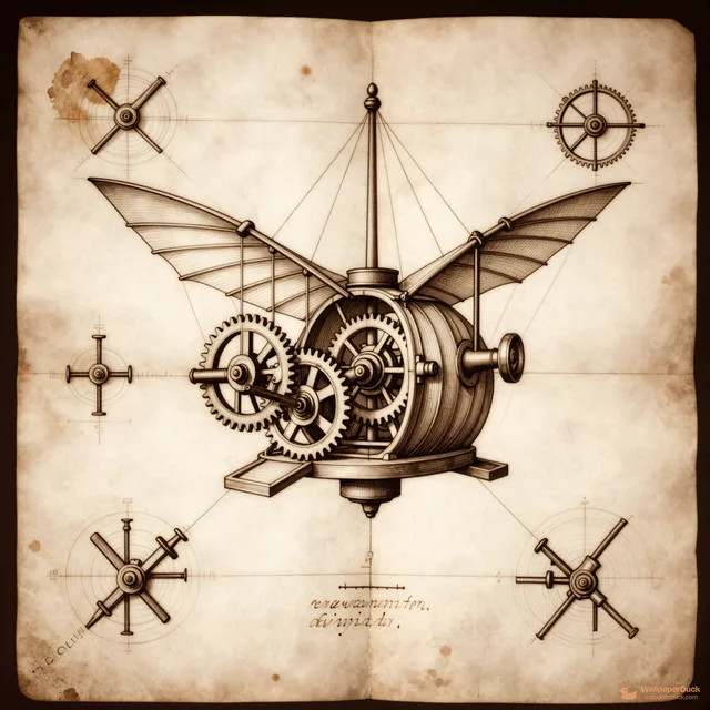 Inventor's Parchment Study — Renaissance technical drawing 4K wallpaper
