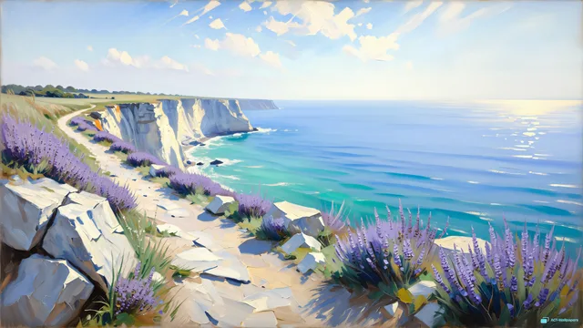 Coastal Cliff Noon — Watercolour & impressionism 4K wallpaper