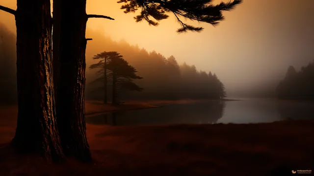 Gnarled Pines in Amber Mist — Nature landscapes 4K wallpaper