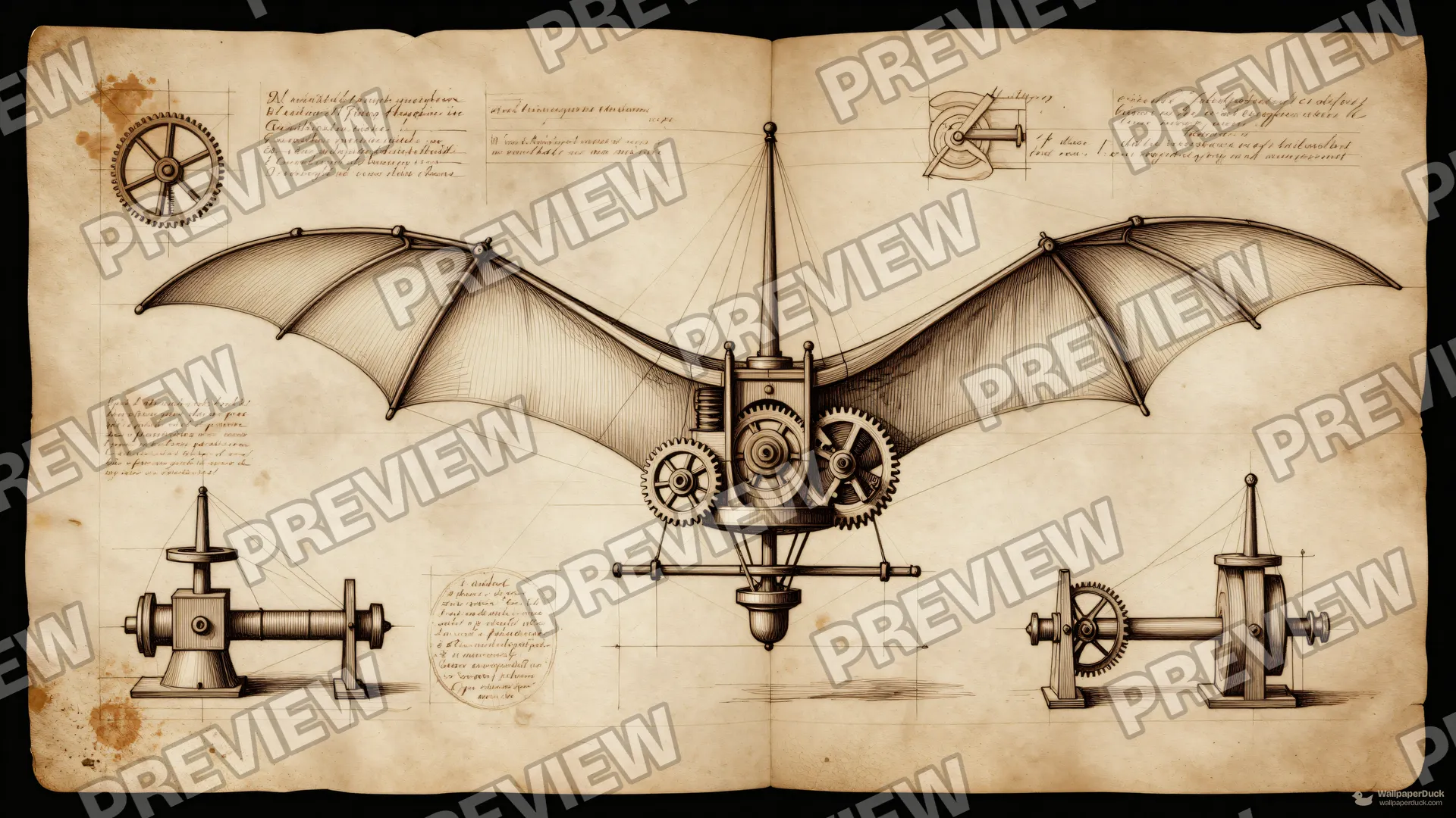 Inventor's Aeronautics Notebook — Renaissance technical drawing 4K wallpaper