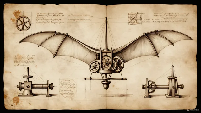 Inventor's Aeronautics Notebook — Renaissance technical drawing 4K wallpaper