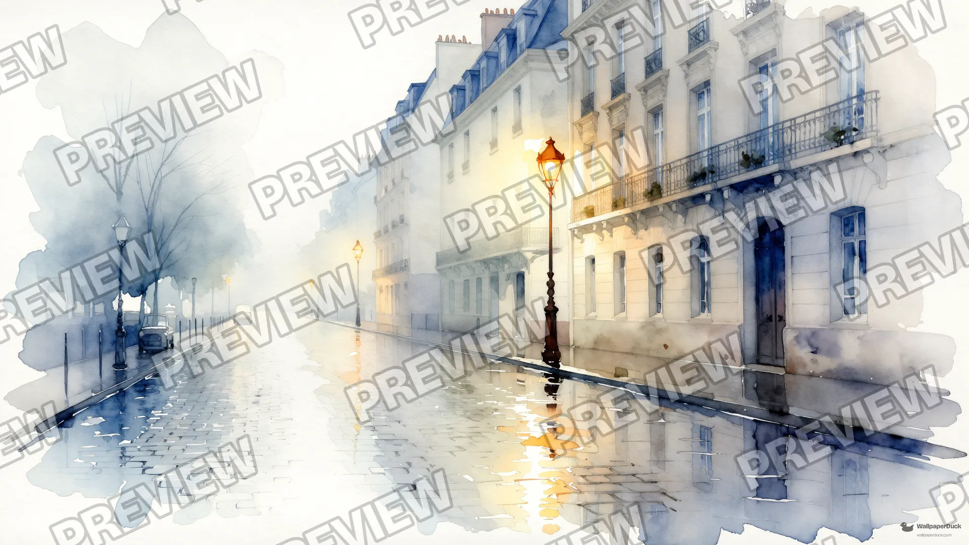 Rain-Washed Boulevard Wash — Watercolour & impressionism 4K wallpaper