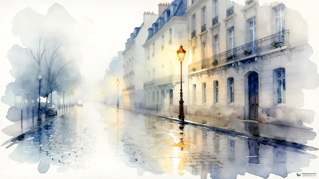 Rain-Washed Boulevard Wash — Watercolour & impressionism 4K wallpaper