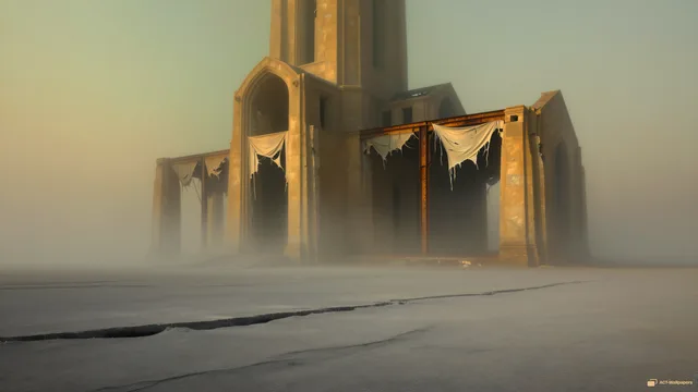 Ochre Cathedral Skeleton — Dystopian dream 4K wallpaper