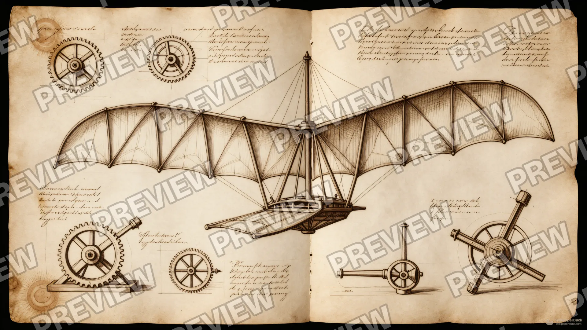 Inventor's Parchment Study — Renaissance technical drawing 4K wallpaper