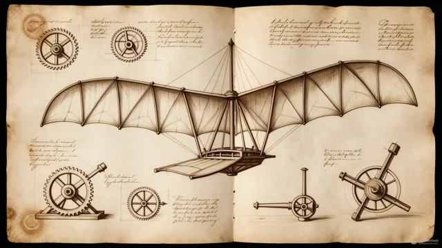 Inventor's Parchment Study — Renaissance technical drawing 4K wallpaper