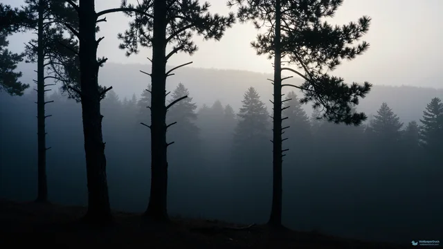 Skeletal Pine Depths — Layered silhouettes 4K wallpaper