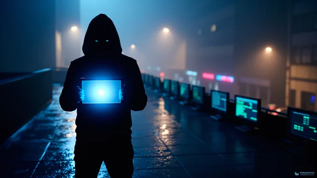 Rooftop Terminal Watcher — Cyberpunk city 4K wallpaper