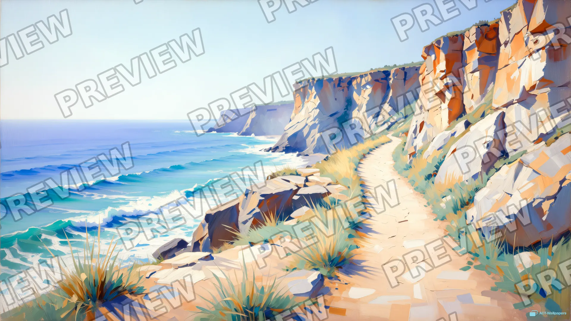 Coastal Cliff Path Noon — Watercolour & impressionism 4K wallpaper