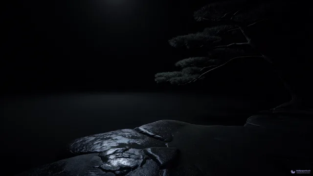 Midnight Pine Reflection — Japanese aesthetic 4K wallpaper