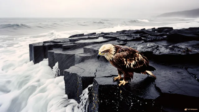 Eagle on the Basalt Edge — Sea eagle on the shore 4K wallpaper