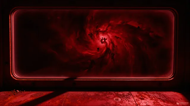 Crimson Void Window — Sci-fi interiors 4K wallpaper