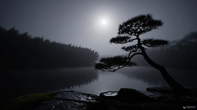 Midnight Pine Reflection — Layered silhouettes 4K wallpaper