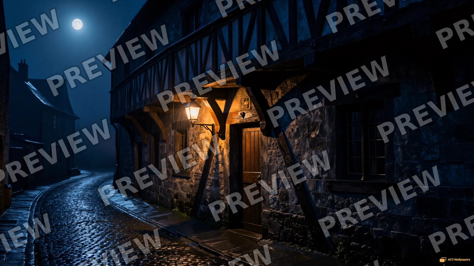 Crooked Tavern Rain — Medieval fantasy 4K wallpaper