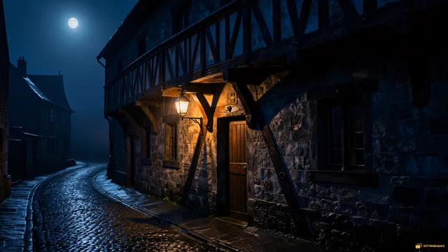 Crooked Tavern Rain — Medieval fantasy 4K wallpaper
