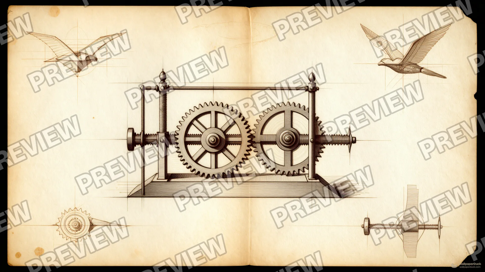 Inventor's Gear Study — Renaissance technical drawing 4K wallpaper
