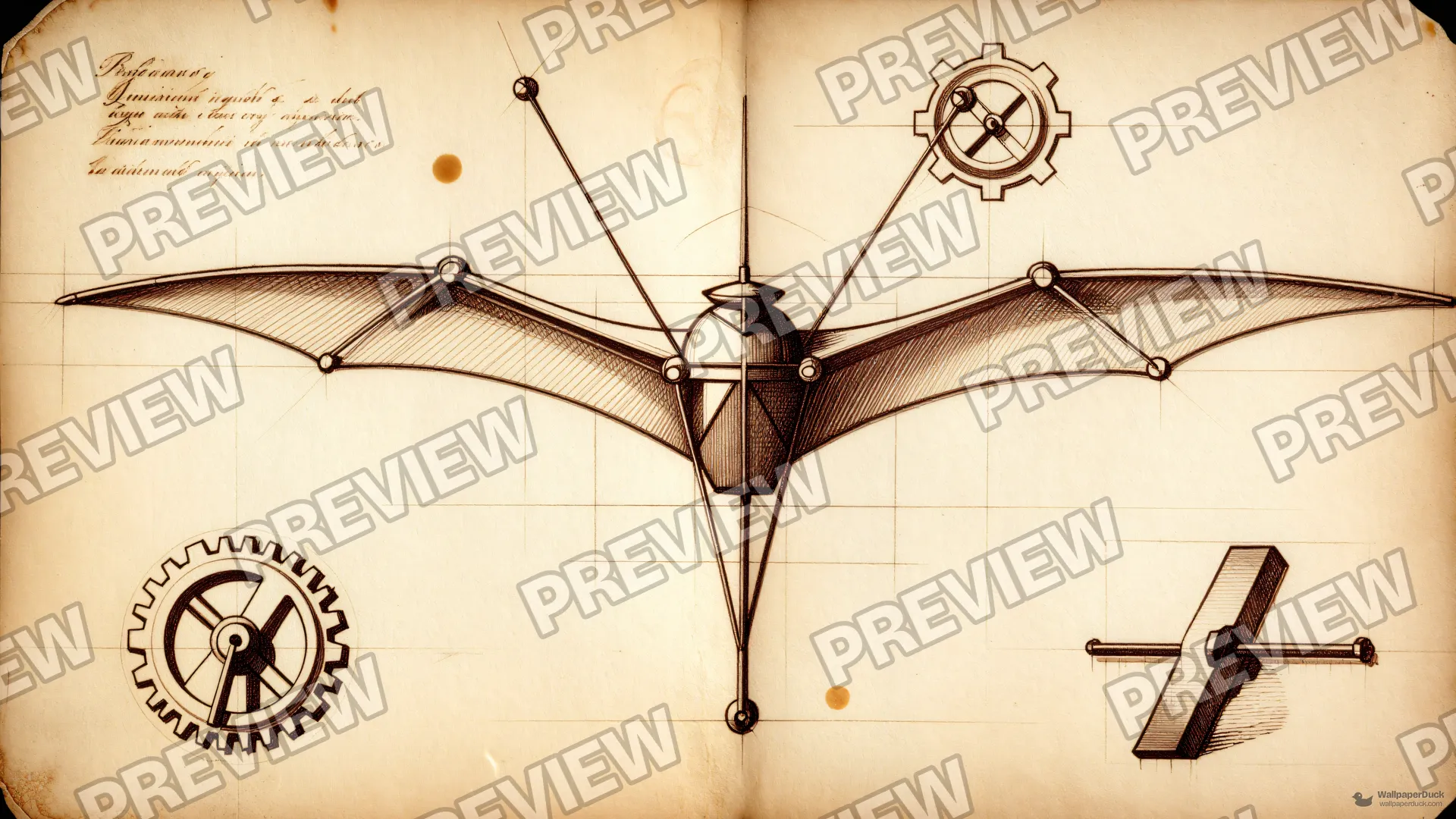 Ornithopter Ink Study — Renaissance technical drawing 4K wallpaper
