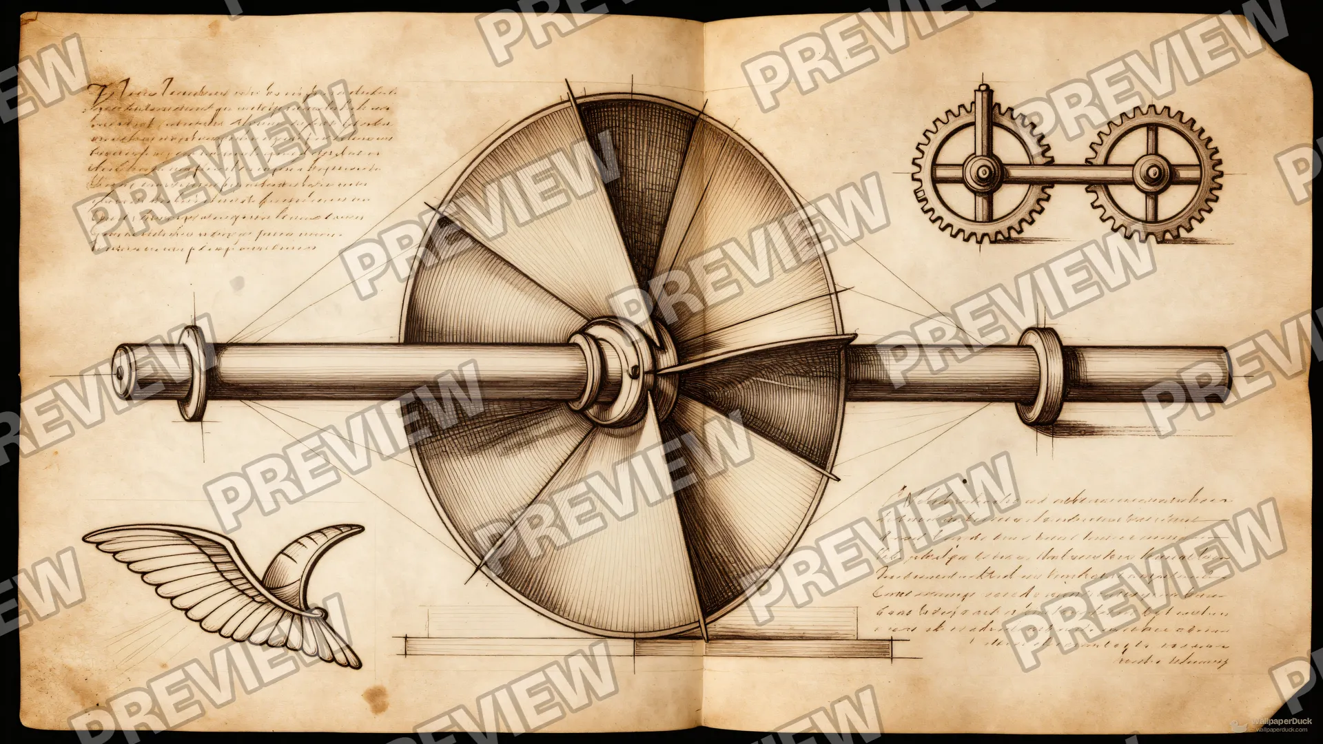 Water Screw Mechanism Study — Renaissance technical drawing 4K wallpaper