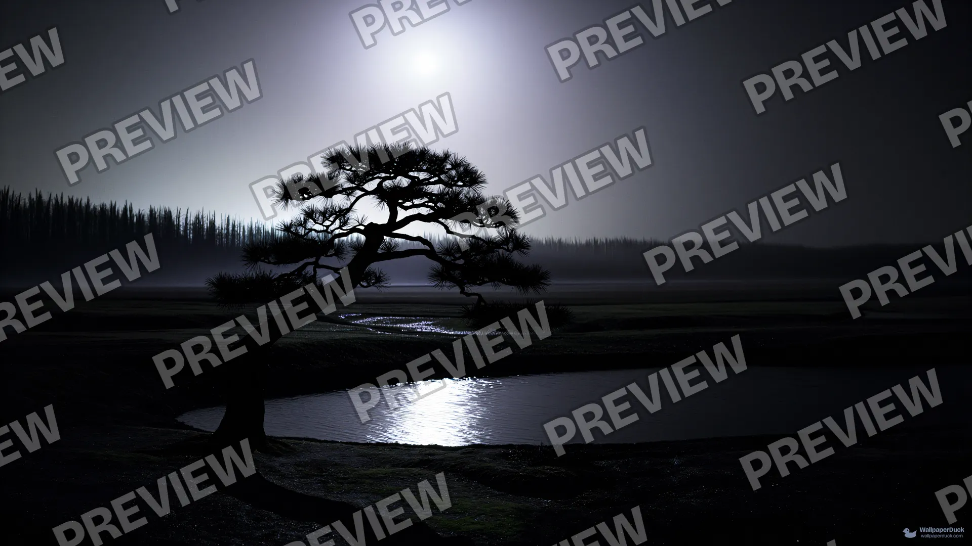 Midnight Pine Reflection — Layered silhouettes 4K wallpaper
