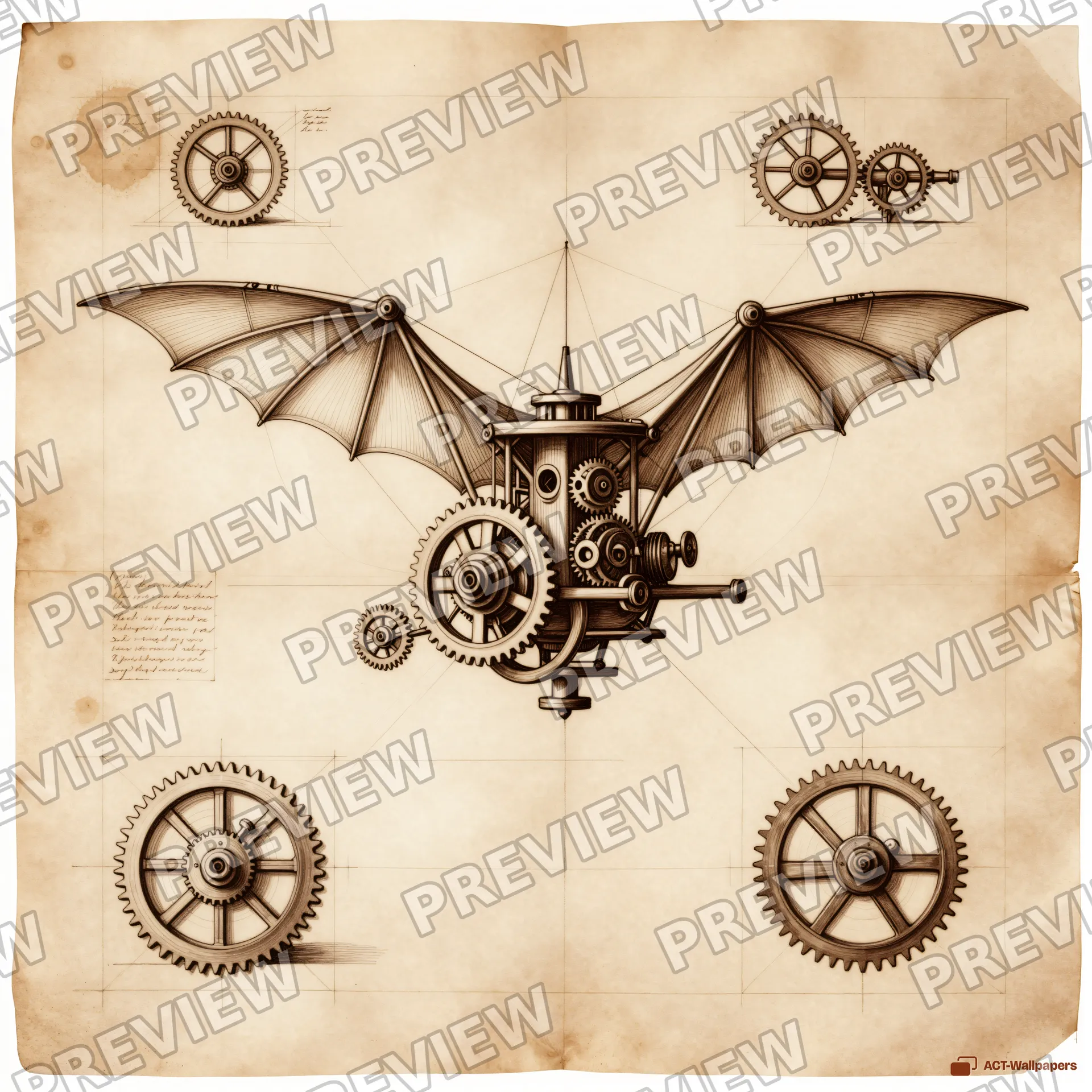 Inventor's Parchment Study — Renaissance technical drawing 4K wallpaper