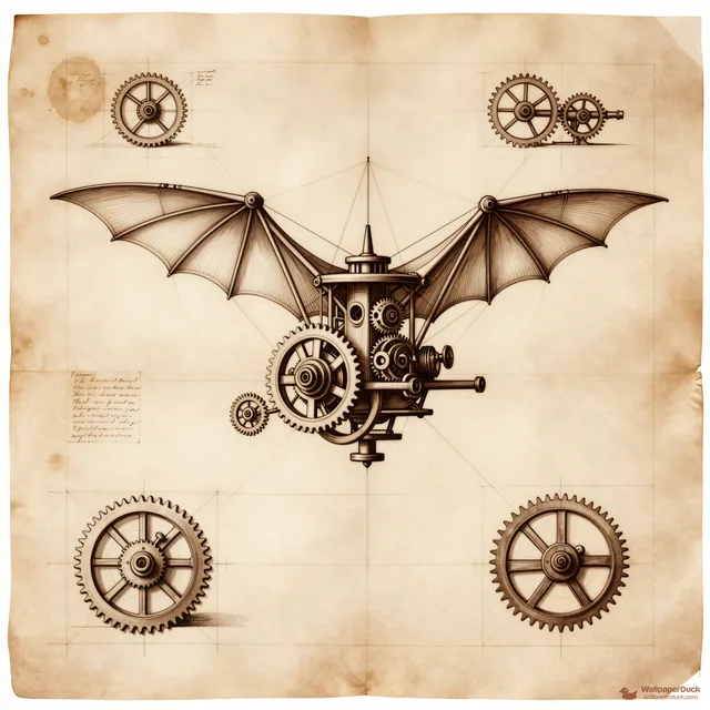 Inventor's Parchment Study — Renaissance technical drawing 4K wallpaper