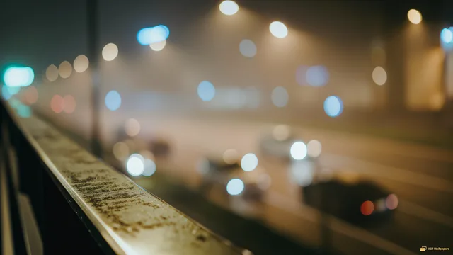 Neon Rain Railing — Night city bokeh 4K wallpaper