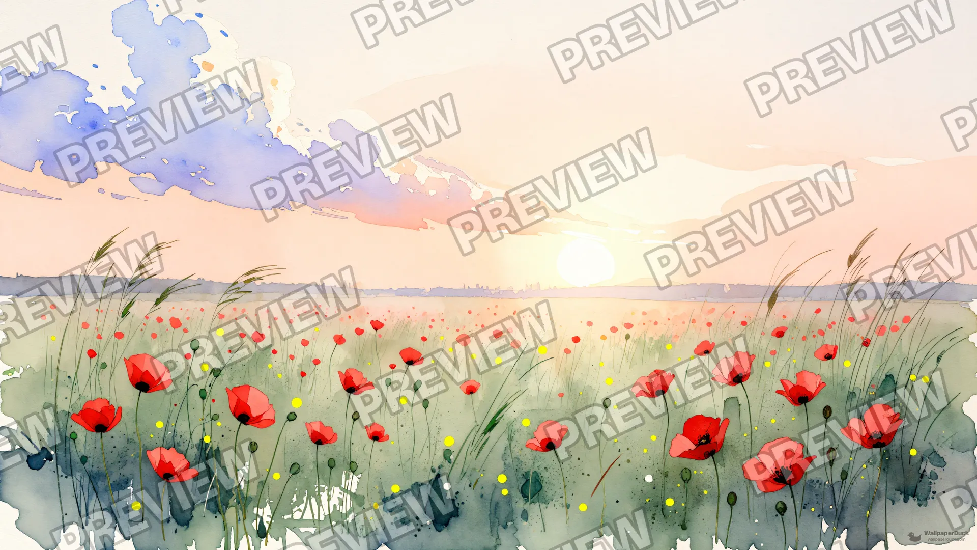 Poppy Field Dawn — Watercolour & impressionism 4K wallpaper
