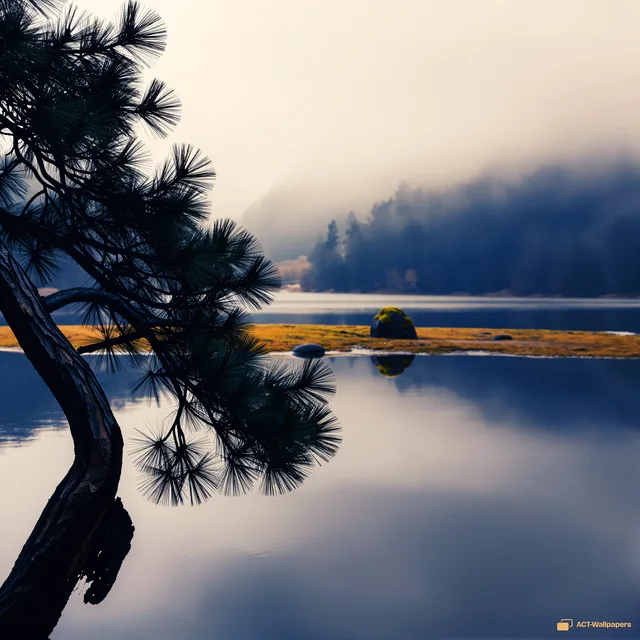 Pine Branch Over Still Water — Japanese aesthetic 4K wallpaper